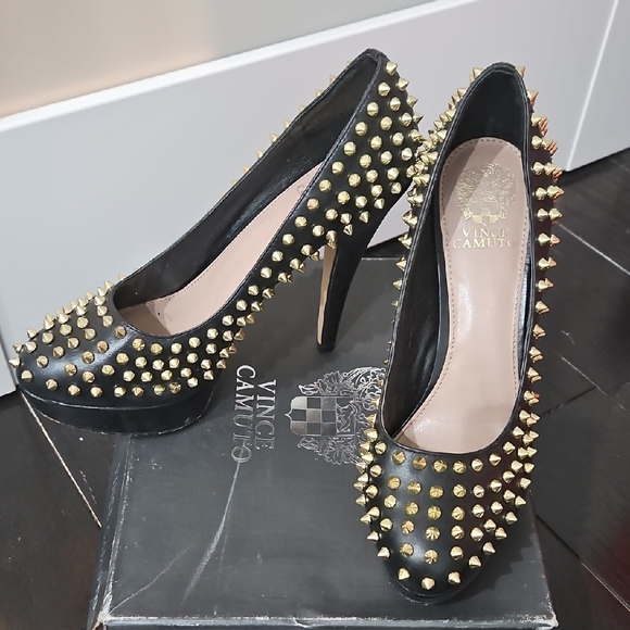 Vince Camuto Black and Gold Studded Women's Heels - Picture 1 of 3